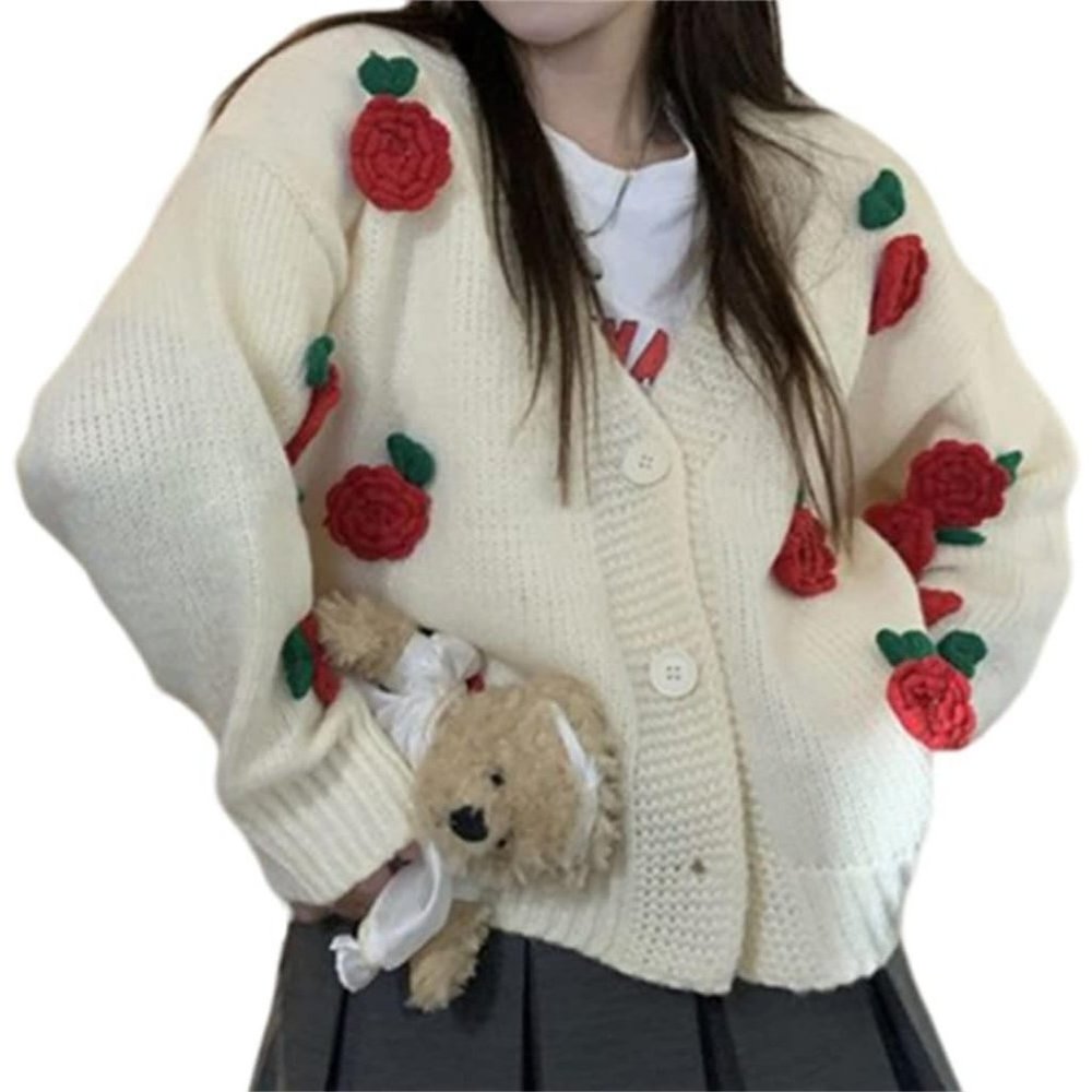 Women's Strawberry Print Button Down Long Sleeve V Neck Crop Sweater